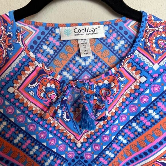 Coolibar UPF Coverall Tunic Dress Sz XS Turquoise Orange Neck Tie Sun Protective - Picture 2 of 6